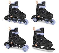 SPOKEY Quattro Set 4 in 1 pattini in linea/triskates/pattini da ghiaccio regolabili per bambini e ragazzi | Pattini in linea convertibili in pattini a rotelle | Taglie: 30-33, 34-37, 38-41 (nero/viola