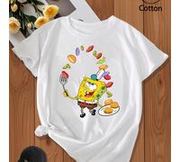 SpongeBob SquarePants festa del cibo maglietta di cotone Gioco acrobatico con il cibo, stampa super vivace Il senso di gioia di SpongeBob può tirare pieno, blocco di velocità della polvere infantile,