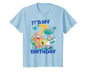 Spongebob Squarepants It's My 7th Birthday Group Shot Maglietta, Bambini, Celeste, 12 Anni