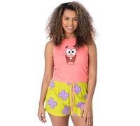 SPONGEBOB SQUAREPANTS Patrick Ladies Short Pyjamas | Womens Character Face Ribbed Pink Vest with Green Coral Elasticated Shorts | Animated TV Show Merchandise