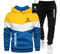 SPONYBORTY Tuta sportiva da uomo Maglione + pantaloni due pezzi Su-ZUki LOGO cuciture a tre colori più ispessimento in velluto Tuta da jogging Felpa con cappuccio Abbigliamento sportivo basketbal