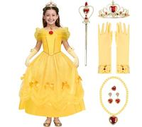Spooktacular Creations 7 Pezzi Abito da Principessa Giallo per Ragazze, Abito con Spalle Scoperte con Orlo Multistrato, Abito da Principessa Sbuffo per Compleanno di Bambini, Festa di Halloween