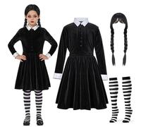 Spooktacular Creations Abito nero con colletto per ragazze, costume da scolaretta a maniche lunghe con parrucca, abito a pieghe in velluto per bambini, Halloween, feste cosplay (Small (5-7 YRS))