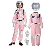 Spooktacular Creations Costume da astronauta rosa per ragazze, tuta spaziale a strisce argentate con casco e guanti, tuta da astronauta per bambini per Halloween, feste cosplay (Small (5-7 YRS))