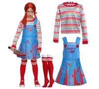 Spooktacular Creations Costume da bambola inquietante per bambina di Halloween, costume da bambola assassina per ragazze con camicia arcobaleno, vestito e calze al ginocchio per la festa Halloween-L