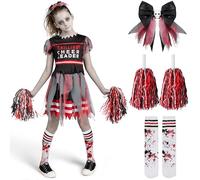 Spooktacular Creations Costume da cheerleader per ragazze, Costume da cheerleader spettrale nero e rosso, Costume da cheerleader zombie per feste in maschera di Halloween-S