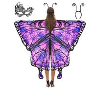 Spooktacular Creations Costume da donna farfalla stellata viola, set di ali di farfalla con scialle, fascia per capelli nera e maschera per gli occhi per feste in costume di Halloween