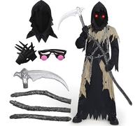 Spooktacular Creations Costume da mietitore per bambini, costume da mietitore con occhi luminosi per ragazzi, inquietante mietitore fantasma nero Grande (10-12 anni)