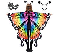 Spooktacular Creations Costume da ragazza farfalla arcobaleno stellata, set di ali con scialle, fascia per capelli nera e maschera per gli occhi per costume cosplay di Halloween