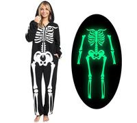 Spooktacular Creations Costume da scheletro per adulti, tuta da donna che si illumina al buio, pigiama con cerniera e cappuccio, tuta per Halloween, nero, Medium