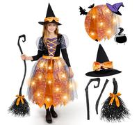 Spooktacular Creations Costume da strega illuminato a LED per ragazze, costume da strega arancione e viola con cappello, costume da strega dolce, design fantastico