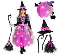 Spooktacular Creations Costume da strega illuminato a LED per ragazze, Costume da strega rosa con cappello e scopa, Costume da strega dolce Disegni fantastici