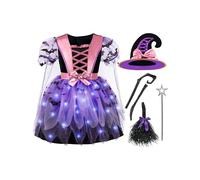 Spooktacular Creations Costume da strega luminosa per bambine, con cappello e scopa per feste di Halloween in maschera per bambine, viola (3-4 anni)