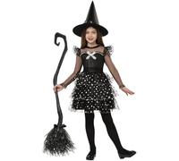 Spooktacular Creations Costume da strega per bambini, Costume da strega nero scintillante per ragazza, Abito da strega con collant con cappello di scopa per bambine Halloween(Small (5-7 anni))
