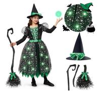 Spooktacular Creations Costume da Strega Verde con Cappello e Scopa, Costume da Strega Luminoso per Ragazze, Design Fantastico