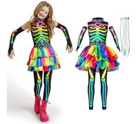 Spooktacular Creations Funky Punky Bones Deluxe set costume da scheletro colorato per bambina con estensioni dei capelli Halloween dress up party festa in maschera di Halloween (Small (5 - 7 yrs))