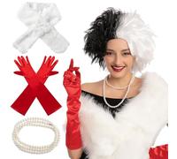 Spooktacular Creations Parrucca da donna in bianco e nero con soffice scialle, guanti, collana e portasigarette Parrucca corta ondulata Parrucca da donna crudele Halloween Costume da festa per cosplay