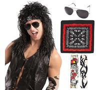 Spooktacular Creations Set di parrucche nere da uomo Rocker Parrucca lunga e riccia per Halloween per adulti Accessori Cosplay per feste anni '80