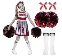 Spooktacular CreationsCostume da cheerleader di Halloween per bambine, costume da cheerleader zombie per bambini, vestito da leader spaventoso per feste in maschera, rosso e bianco, taglia S