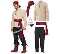 Spooktacular CreationsCostume da pirata da uomo beige e nero, 6 pezzi, con camicia vichinga, pantaloni con fasce, benda sull'occhio, bandana, cintura e orecchini per Halloween, taglia XXL