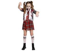 Spooktacular CreationsCostume da scolaretta zombie, costume da zombi sanguinante per bambine, ideale per Halloween, scuola, eventi e feste (grigio, taglia piccola (5-7 anni))