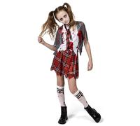 Spooktacular CreationsCostume da scolaretta zombie, costume da zombi sanguinante per bambine, ideale per Halloween, scuola, eventi e feste (grigio, taglia L (10-12 anni))