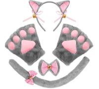 Spooktacular CreationsSet di 5 accessori per costume da gattino grigio con fascia per orecchie da gatto, guanti a forma di zampa, papillon e coda per adulti e bambini, ideale per cosplay e feste.