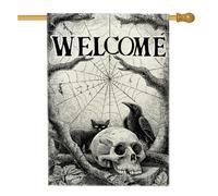 Spooky - Bandiera da giardino di benvenuto, con teschio nero, gatto, corvo, decorazione per Halloween, bandiera su entrambi i lati in iuta da giardino, decorazione per esterni, 71 x 101 cm
