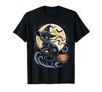 Spooky Black Cat Flying Vintage Moon Halloween Vibe Maglietta