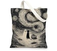 Spooky Canvas Tote Bags Fantasia Zucca Fantasma E Zucca Sacchetti della Spesa Riutilizzabili Artistico Vintage Leggero Lavabile Spalla S, nero, 13x15 Inch