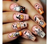 Spooky-Chic Zucca Outfit con disegno ragnatela unghie riutilizzabili ABS per feste di Halloween e costume notte ABS scheletro Press Ons fantasma Halloween Nail Designs