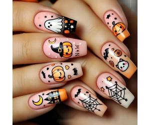 Spooky-Chic Zucca Outfit con disegno ragnatela unghie riutilizzabili ABS per feste di Halloween e costume notte ABS scheletro Press Ons fantasma Halloween Nail Designs