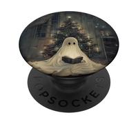 Spooky Ghost Reading and Christmas Tree Holiday Bookworm PopSockets PopGrip Adesivo