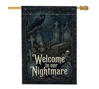 Spooky Gothic Graveyard Welcome Quote Raven Halloween House Flag 71 x 101 | Scena gotica del cimitero, bandiera del cortile, figure di scheletro, bordo vittoriano ornato, decorazione esterna spettrale