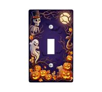 Spooky Halloween Character Theme Jack-o-Lantern Toggle Switch Plate | scheletro, fantasma amichevole, luna piena, alberi nudi, pipistrelli, foglie autunnali, tema spettrale
