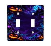 Spooky Halloween Cimitero Jack-o'-Lantern Doppia Luce Interruttore Piastra | Zucche incandescenti, cimitero infestato, spiriti spettrali, paesaggio lunare pieno, arte fantasy spettrale