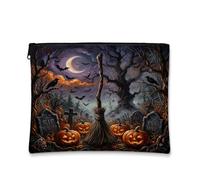 Spooky Halloween Cimitero Zucche Jack-o'-Lantern Makeup Bag 17,8 x 22,9 cm | Scena gotica del cimitero, sacchetto della cerniera del trucco, bastone di scopa della strega, notte di luna spettrale