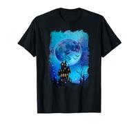 Spooky Halloween Haunted House Bats & Blood Moon Scene Maglietta