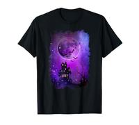 Spooky Halloween Haunted House Bats & Blood Moon Scene Maglietta