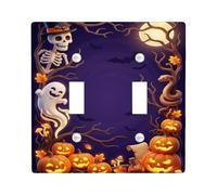 Spooky Halloween personaggio Jack-o-Lantern doppio interruttore luce | scheletro, fantasma amichevole, luna piena, alberi nudi, pipistrelli, foglie autunnali, tema spettrale