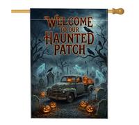 Spooky Haunted Patch Truck Quote Vintage Halloween House Flag 71 x 101 cm | Scena gotica del cimitero, bandiera del cortile, Jack-o'-lanterne incandescenti, spiriti spettrali, arredamento camion
