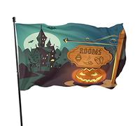 Spooky Hotel Garden Flag 3x5 FT Spooky Haunted Halloween Hotel Evil Pumpkin Light Signpost Road Poliestere Yard Flags House Patio Prato Banner di auguri per interni ed esterni