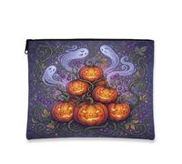 Spooky Jack-o'-lantern Ghost Design Halloween Makeup Bag 7x20 pollici | Motivi spettrali di fantasmi, astuccio con cerniera per trucco, dettagli magici di vite, volti di zucca luminosi