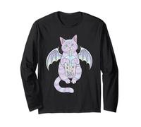 Spooky Kawaii Cat Sipping Boba Tea con ali di pipistrello Tee Maglia a Manica
