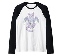 Spooky Kawaii Cat Sipping Boba Tea con ali di pipistrello Tee Maglia con Maniche Raglan