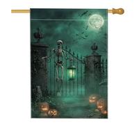 Spooky - Lanterna da giardino con scheletro, decorazione per Halloween, colore verde scuro, bandiera da giardino in iuta su entrambi i lati, per feste autunnali, decorazione per prato, 71 x 101 cm