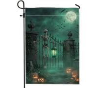 Spooky - Lanterna da giardino con scheletro, decorazione per Halloween, colore verde scuro, bandiera da giardino in iuta su entrambi i lati, per feste autunnali, decorazione per prato, 30,5 x 45,7 cm