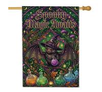 Spooky Magic Bat Witch Citazione Halloween Casa Bandiera 71 x 101 cm | Cappello da strega, bandiera da cortile, bottiglie di pozioni, accenti botanici, lettere gotiche, tema notte mistica