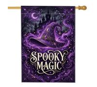 Spooky Magic Witch Hat Fantasy Theme Halloween House Flag 71 x 101 cm | Sagoma di castello gotico, bandiera del prato, vortici mistici di fumo, accenti lunari celesti, estetica artistica fantasy