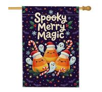 Spooky Merry Magic Holiday Citazione Candy Corn House Bandiera 71 x 101 cm | Cappelli di Babbo Natale, bandiera del cortile, fantasmi amichevoli, bastoncini di zucchero, fiocchi di neve invernali